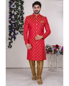 Pink Imported Fabric Party Wear Sherwani with Aligarhi Pant 