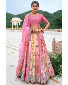 Pink Embroidered Lehenga Choli with Floral Motifs in Silk Fabric