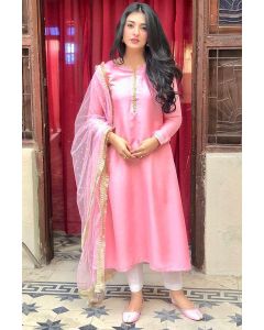 Pink Silk Fabric Partywear Churidar Salwar Kameez