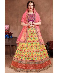 Purple and Yellow Color Art Silk Lehenga Choli with Floral Design