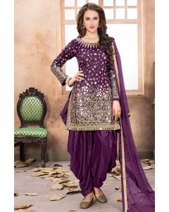 Purple Art Silk Party Wear Salwar Kameez with Mirror Work