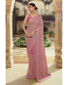 Purple Soft Net Saree With Thread Work