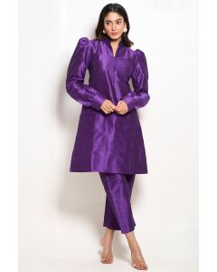 Purple Silk Kurta with Puff Sleeves and Matching Pants Suit