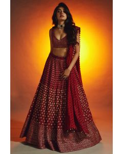Red Bridal Embellished Lehenga Set with Mirror Work