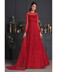 Red Butterfly Net Wedding Wear Designer Anarkali Suit