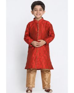 Red Cotton Silk Blend Kurta and Gold Pajama For Diwali