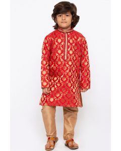 Red Cotton Silk Kurta and Golden Pajama For Diwali