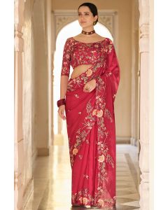 Red Organza Fabric Party Wear Saree with Sequins Thread Work