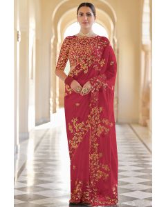 Red Organza Fabric Party Wear Saree with Sequins Thread Work