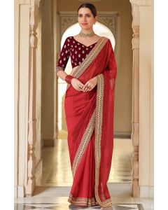 Red Organza Fabric Party Wear Saree with Velvet Blouse