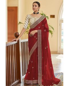 Red Organza Fabric Party Wear Saree with Zari Work