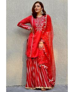 Red Silk Diwali wear Stylish Sharara Suit 
