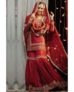 Red Silk Embroidered Wedding Sharara Suit for Bride