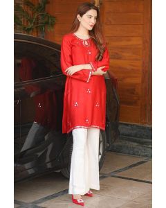 Red Silk Partywear Palazzo Suit with Mirror Work