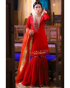 Red Silk Partywear Sharara Suit with Mirror Work
