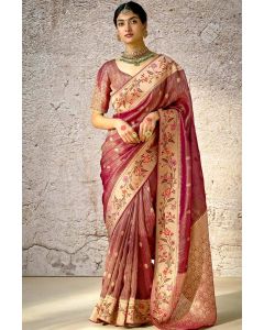 Get Wine Colour Banarasi Silk Saree with Floral Embroidery