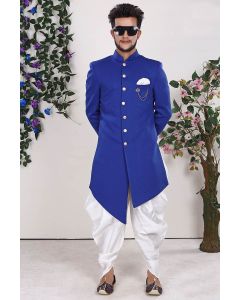 Royal Blue Imported Fabric Sherwani with Dupion Dhoti