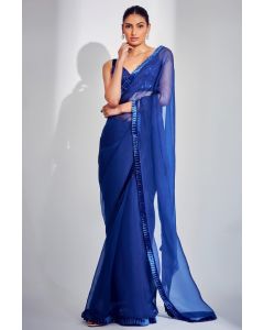 Royal Blue Organza Saree with Velvet Border and Sequined Blouse