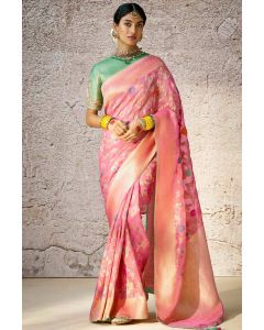 Shop Pink Banarasi Silk Saree with Multicolour Floral Embroidery Work