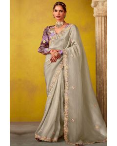 Silk Elegance Sage Green Saree with Floral Hand Embroidery