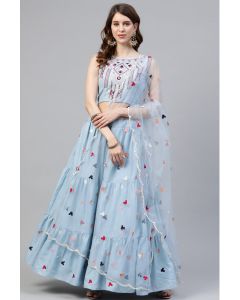 Sky Blue Cotton Net Embroidered Lehenga Choli