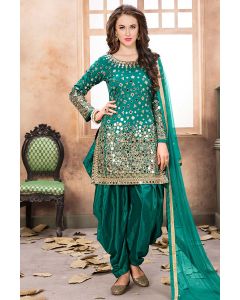 Teal Blue Art Silk Party Wear Salwar Kameez with Mirror Work