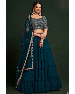 Teal Blue Faux Georgette Embroidered Lehenga Choli
