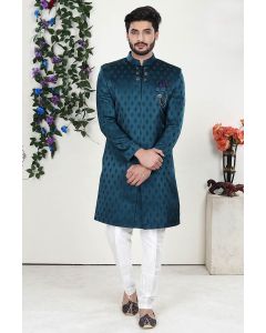 Teal Blue Imported Fabric Sherwani with Aligarhi Pant For Party