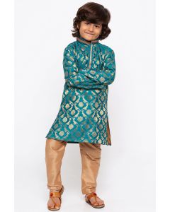 Teal Green Cotton Silk Kurta and Golden Pajama For Diwali