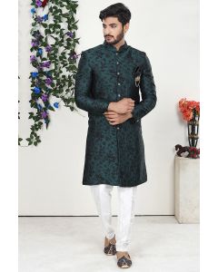 Teal Green Imported Fabric Party Wear Sherwani with Aligarhi Pant
