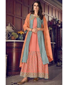 Turquoise Blue Chanderi Silk Partywear Sharara Suit