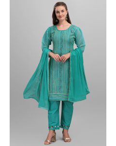 Turquoise Chanderi Festival Wear Embroidered Salwar Kameez