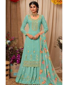 Turquoise Faux Georgette Lehenga with Long Choli