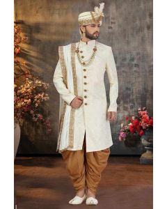 White Art Silk Sherwani with Dupatta For Groom