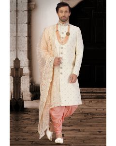 White Designing Art Silk Groom Wear Sherwani with Net Dupatta