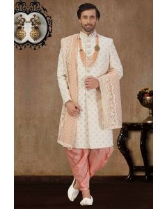 White Designing Art Silk Party Wear Sherwani with Net Dupatta