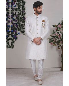 White Imported Fabric Party Wear Sherwani with Aligarhi Pant