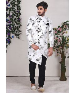 White Imported Fabric Party Wear Sherwani with Dupion Churidar