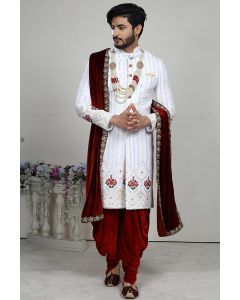 White Imported Fabric Sherwani and Maroon Velvet Dhoti 