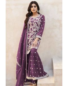 Wine Color Real Georgette Embroidered Sharara Suit