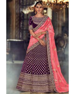 Wine color Velvet Lehenga Choli with Pink Net Dupatta