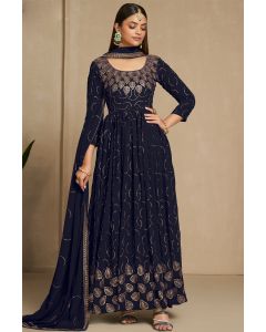 Women Nave Blue Georgette Zari Work Gown