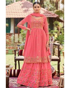 Women Pink Georgette Printed Lehenga with Long Choli