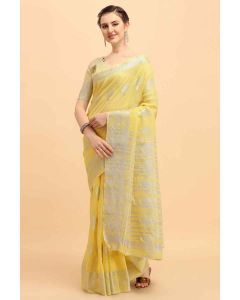 Yellow Banarasi Cotton Saree With Wevon Silver Jari
