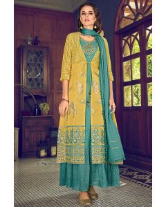 Yellow Chanderi Silk Festival Wear Palazzo Suit