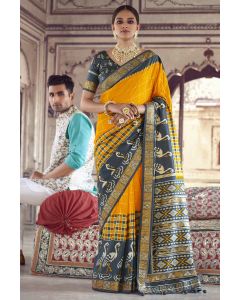 Yellow Colour Patola Silk Saree and Grey Blouse