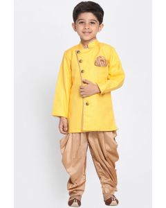 Yellow Cotton Silk Kurta and Gold Dhoti For Diwali