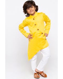 Yellow Cotton Silk Kurta and White Pajama For Diwali