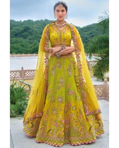 Yellow Embroidered Lehenga Choli with Pink Floral for Haldi Ceremony