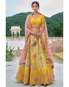 Yellow Embroidered Lehenga Choli with Pink Dupatta and Floral Motifs for Haldi Ceremony